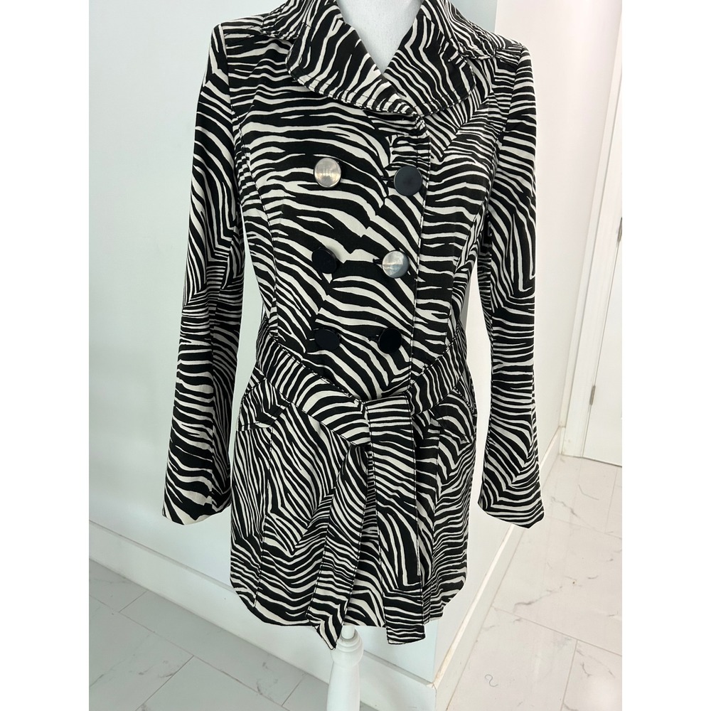 Ann Taylor Zebra Print Trench Coat Black White Double Breasted Belted Small
